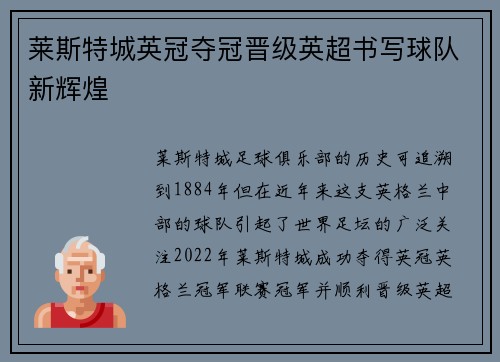 莱斯特城英冠夺冠晋级英超书写球队新辉煌