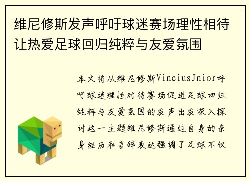 维尼修斯发声呼吁球迷赛场理性相待让热爱足球回归纯粹与友爱氛围